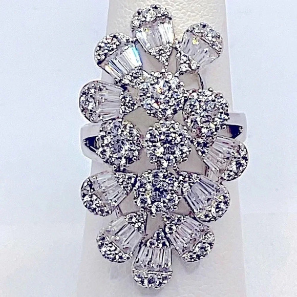 CZ Sterling Silver Baguette Large Cocktail Ring Sz 6 - Picture 1 of 6